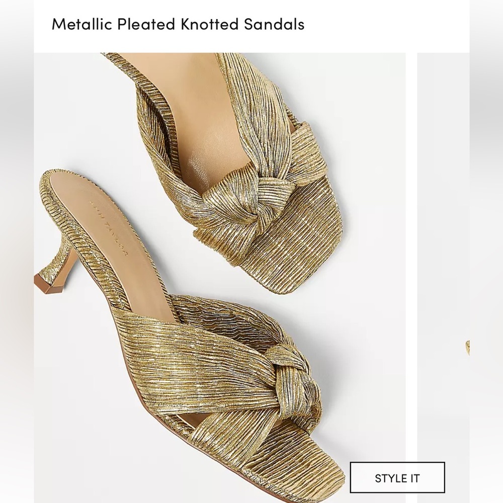 Ann Taylor Gold Metallic Pleated Knot Sandals- Sz 8.5 - Picture 2 of 3